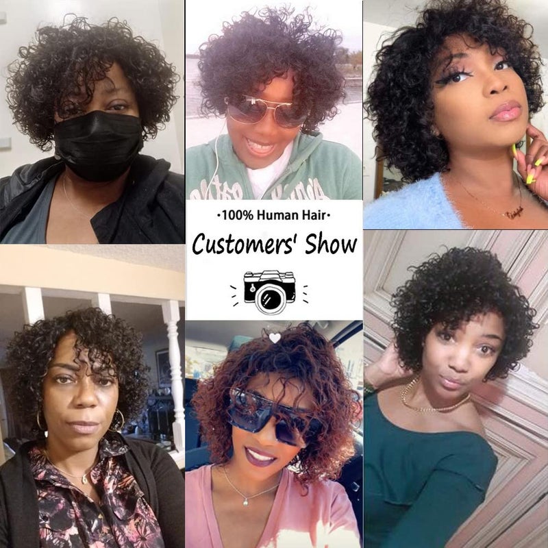 UDU Short Curly Human Hair Wigs For Black Women Short Curly Wigs Human Hair Non Lace Glueless Wig with Bangs Side Part Wigs (Nature Black) - Image 5